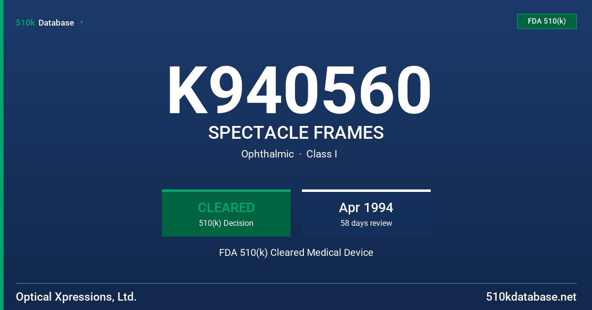 K940560 SPECTACLE FRAMES FDA 510(k) Cleared Medical Device