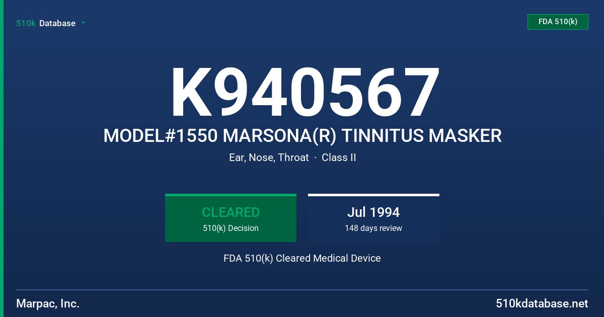 K940567 MODEL#1550 MARSONA(R) TINNITUS MASKER FDA 510(k) Cleared Medical Device