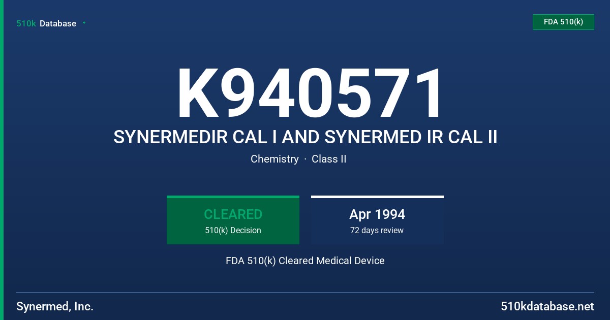 K940571 SYNERMEDIR CAL I AND SYNERMED IR CAL II FDA 510(k) Cleared Medical Device