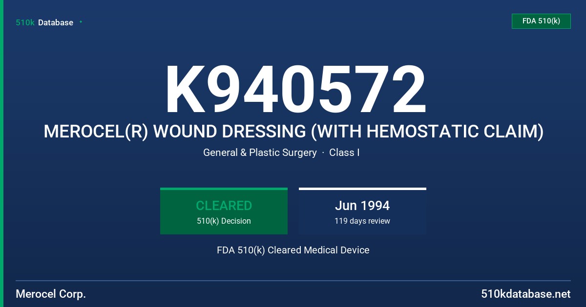 K940572 MEROCEL(R) WOUND DRESSING (WITH HEMOSTATIC CLAIM) FDA 510(k) Cleared Medical Device