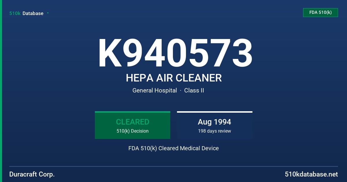 K940573 HEPA AIR CLEANER FDA 510(k) Cleared Medical Device