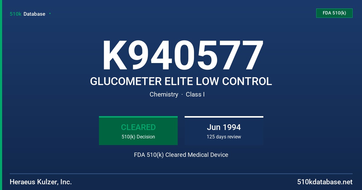 K940577 GLUCOMETER ELITE LOW CONTROL FDA 510(k) Cleared Medical Device