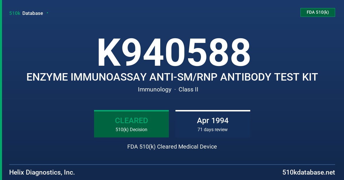 K940588 ENZYME IMMUNOASSAY ANTI-SM/RNP ANTIBODY TEST KIT FDA 510(k) Cleared Medical Device