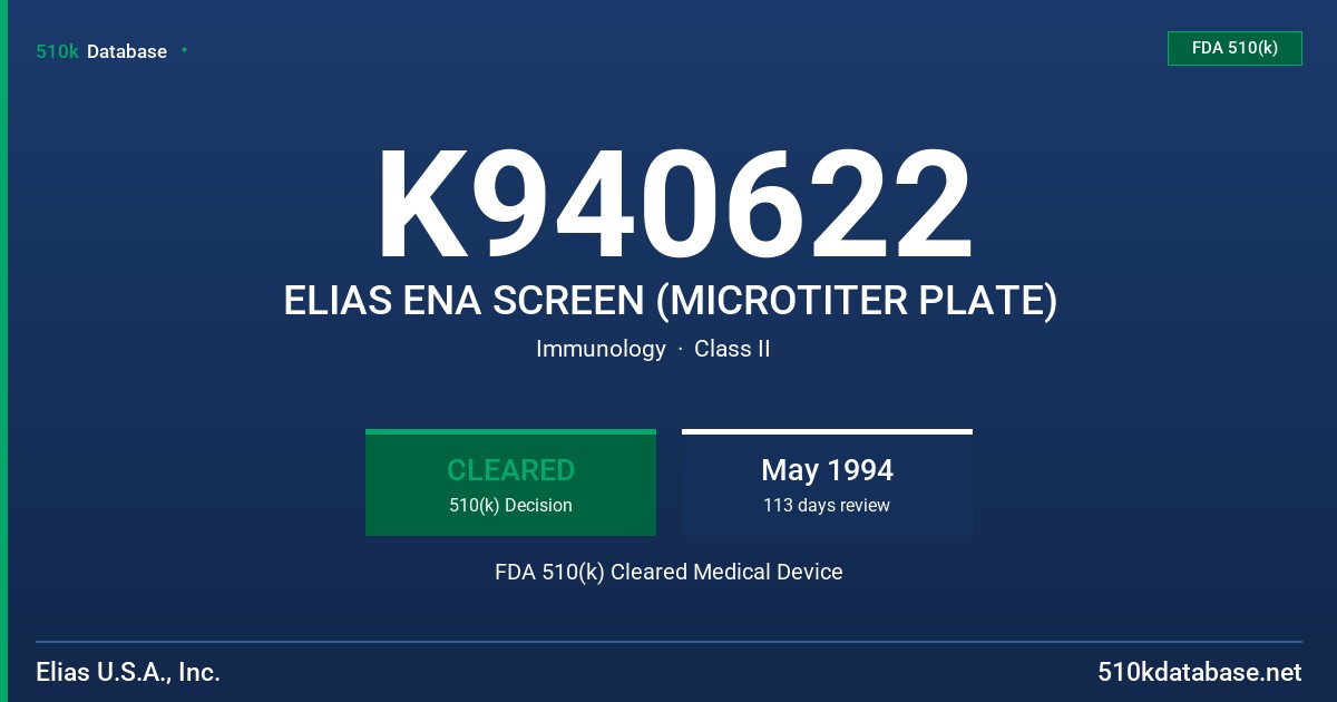 K940622 ELIAS ENA SCREEN (MICROTITER PLATE) FDA 510(k) Cleared Medical Device
