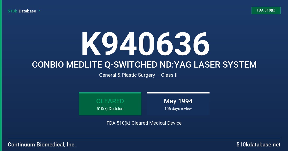 K940636 CONBIO MEDLITE Q-SWITCHED ND:YAG LASER SYSTEM FDA 510(k) Cleared Medical Device