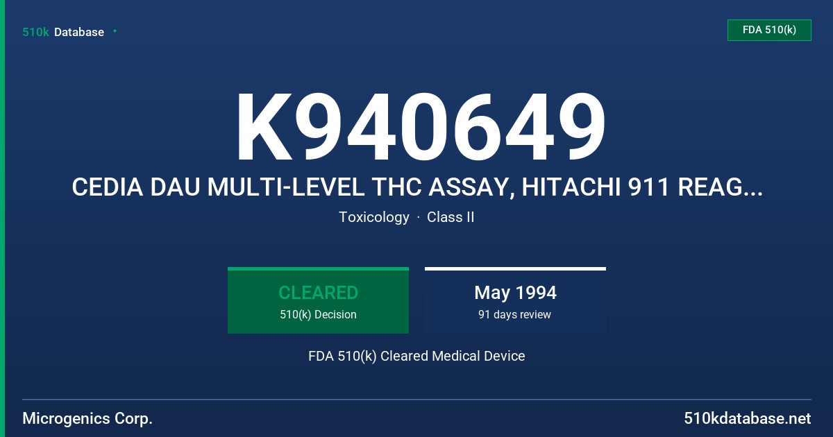 K940649 CEDIA DAU MULTI-LEVEL THC ASSAY, HITACHI 911 REAGENT/ AND THE HITACHI 747 REAGENT FDA 510(k) Cleared Medical Device