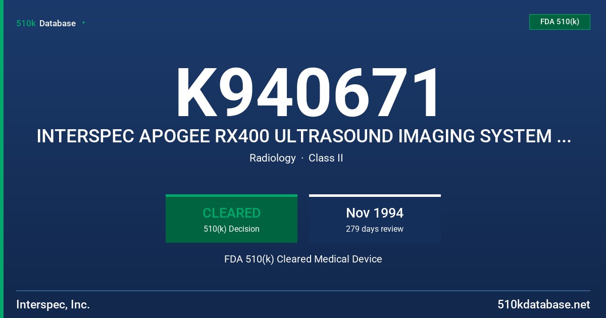K940671 INTERSPEC APOGEE RX400 ULTRASOUND IMAGING SYSTEM AND DOPPLER ULTRASOUND FLOWMETER FDA 510(k) Cleared Medical Device