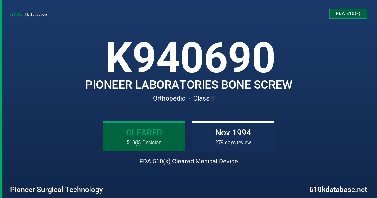 K940690 PIONEER LABORATORIES BONE SCREW FDA 510(k) Cleared Medical Device