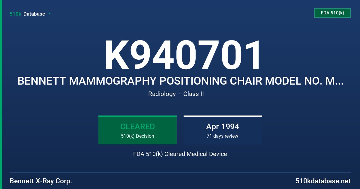 K940701 BENNETT MAMMOGRAPHY POSITIONING CHAIR MODEL NO. M-PCH FDA 510(k) Cleared Medical Device