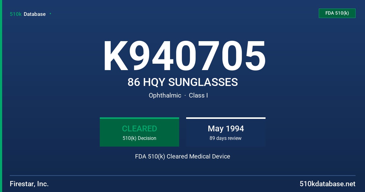 K940705 86 HQY SUNGLASSES FDA 510(k) Cleared Medical Device