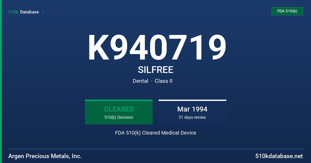K940719 SILFREE FDA 510(k) Cleared Medical Device
