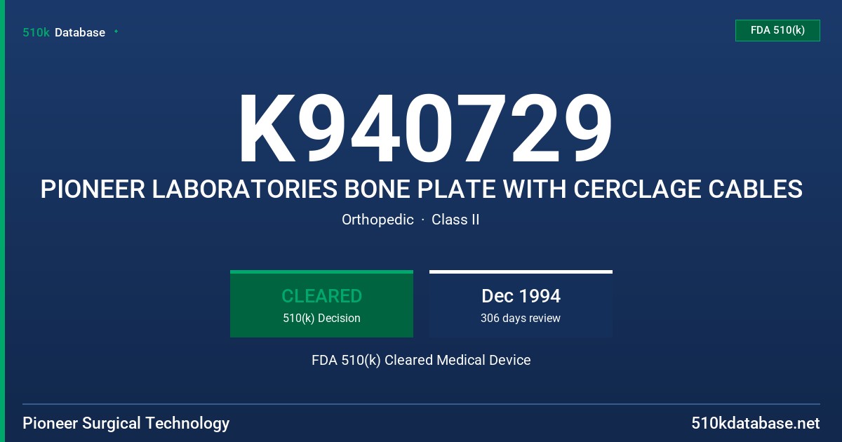 K940729 PIONEER LABORATORIES BONE PLATE WITH CERCLAGE CABLES FDA 510(k) Cleared Medical Device