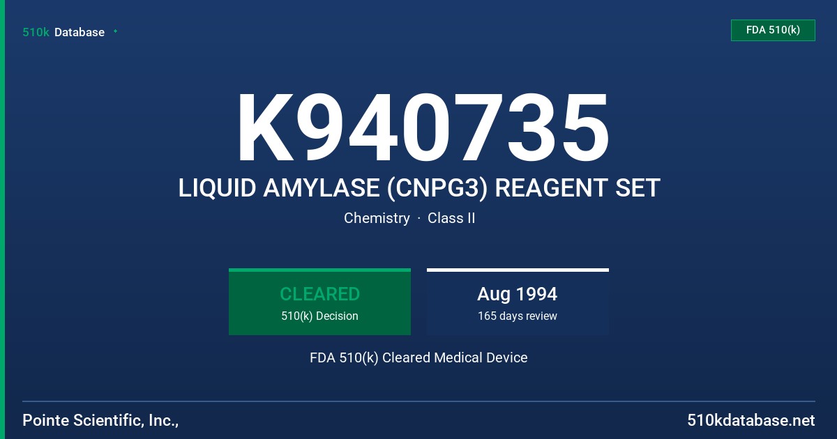 K940735 LIQUID AMYLASE (CNPG3) REAGENT SET FDA 510(k) Cleared Medical Device