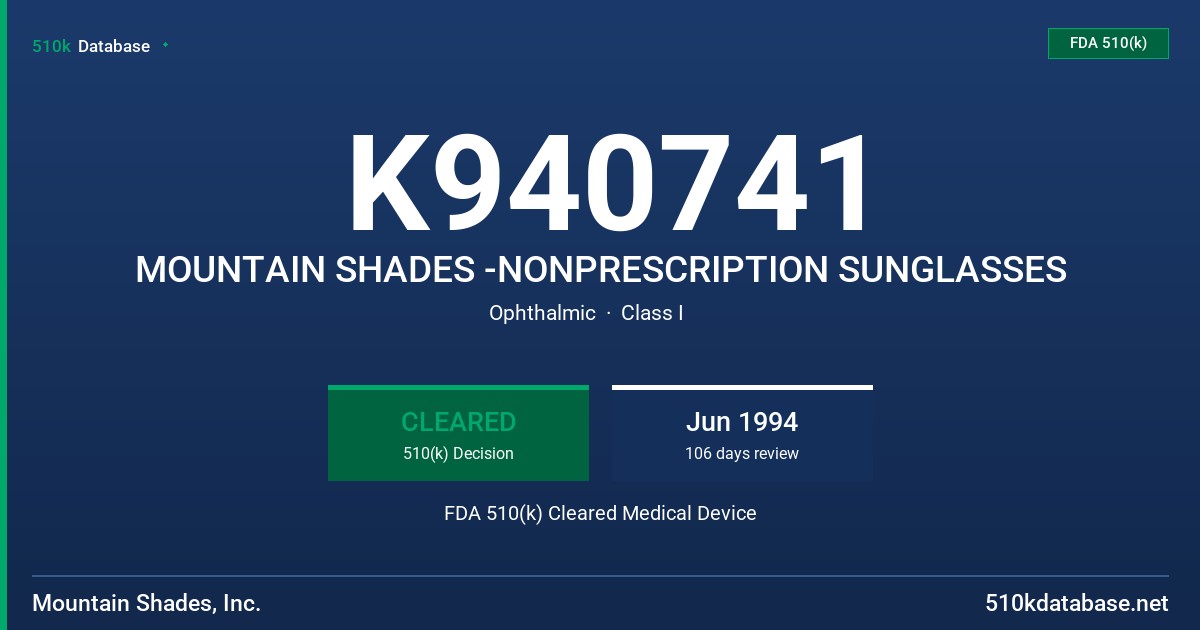 K940741 MOUNTAIN SHADES -NONPRESCRIPTION SUNGLASSES FDA 510(k) Cleared Medical Device