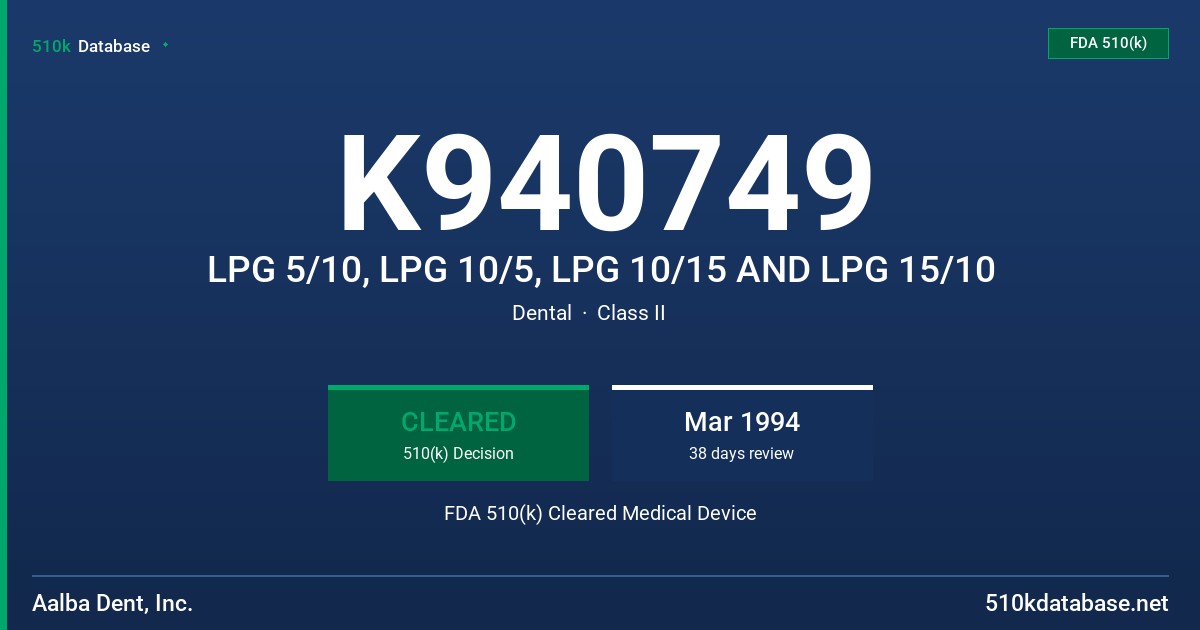 K940749 LPG 5/10, LPG 10/5, LPG 10/15 AND LPG 15/10 FDA 510(k) Cleared Medical Device