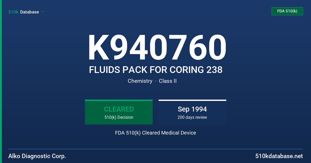 K940760 FLUIDS PACK FOR CORING 238 FDA 510(k) Cleared Medical Device