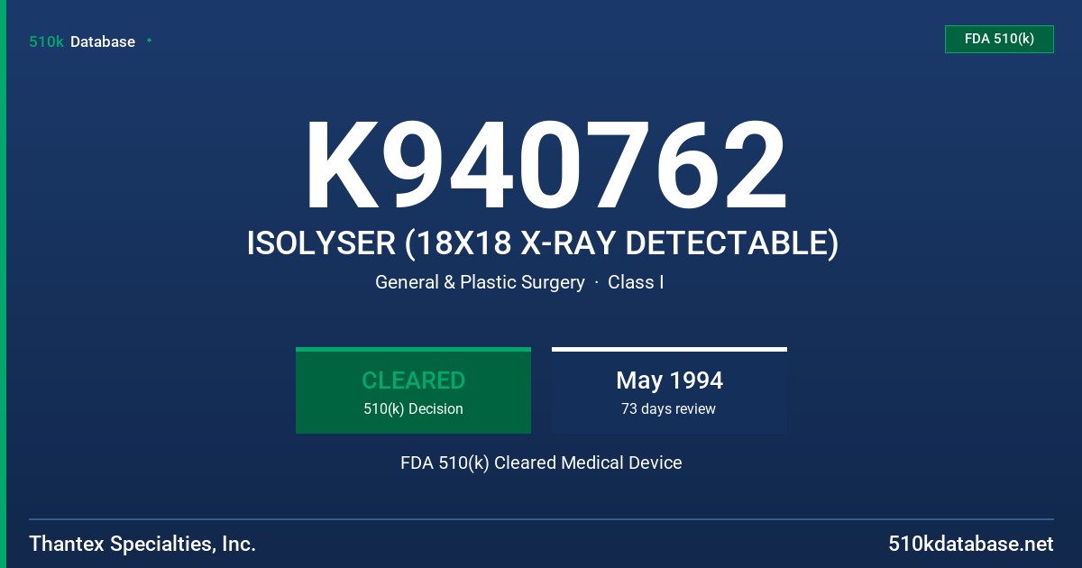 K940762 ISOLYSER (18X18 X-RAY DETECTABLE) FDA 510(k) Cleared Medical Device