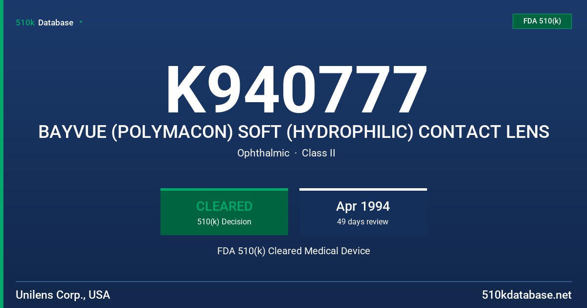 K940777 BAYVUE (POLYMACON) SOFT (HYDROPHILIC) CONTACT LENS FDA 510(k) Cleared Medical Device