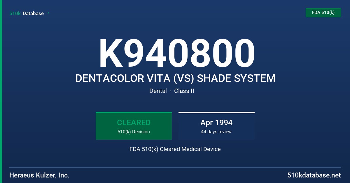 K940800 DENTACOLOR VITA (VS) SHADE SYSTEM FDA 510(k) Cleared Medical Device
