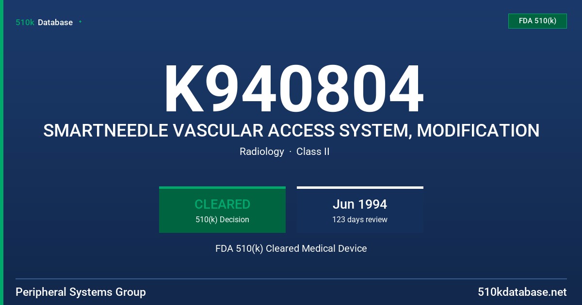 K940804 SMARTNEEDLE VASCULAR ACCESS SYSTEM, MODIFICATION FDA 510(k) Cleared Medical Device