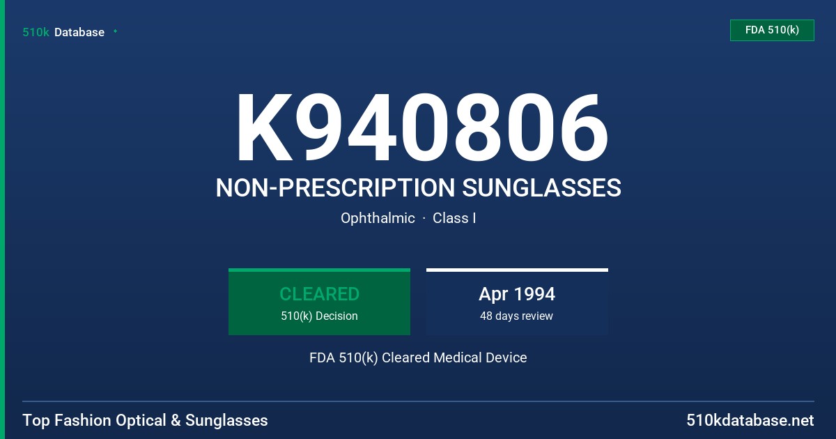 K940806 NON-PRESCRIPTION SUNGLASSES FDA 510(k) Cleared Medical Device
