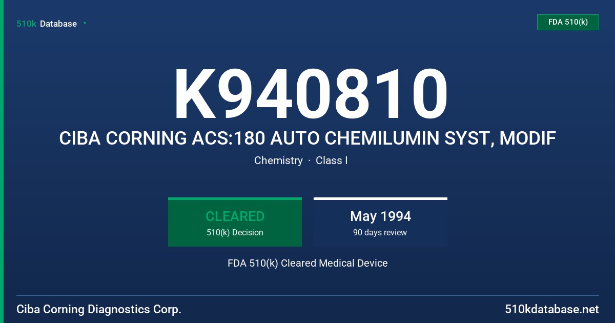 K940810 CIBA CORNING ACS:180 AUTO CHEMILUMIN SYST, MODIF FDA 510(k) Cleared Medical Device