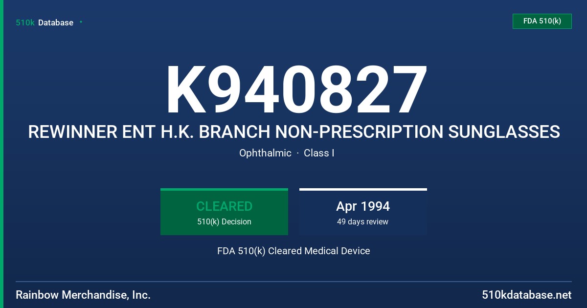 K940827 REWINNER ENT H.K. BRANCH NON-PRESCRIPTION SUNGLASSES FDA 510(k) Cleared Medical Device