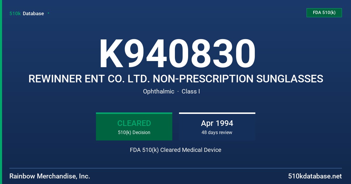 K940830 REWINNER ENT CO. LTD. NON-PRESCRIPTION SUNGLASSES FDA 510(k) Cleared Medical Device