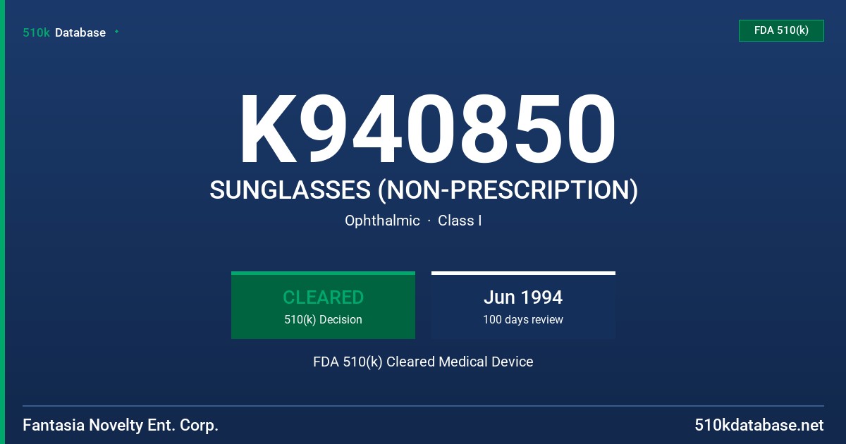 K940850 SUNGLASSES (NON-PRESCRIPTION) FDA 510(k) Cleared Medical Device