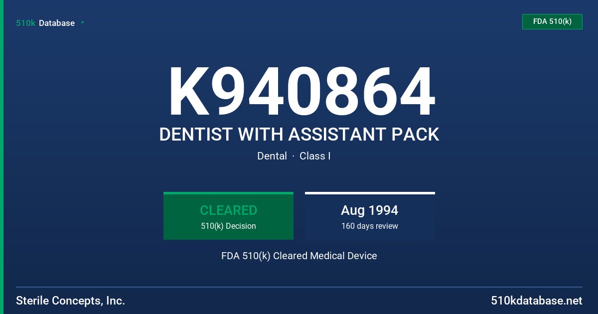 K940864 DENTIST WITH ASSISTANT PACK FDA 510(k) Cleared Medical Device