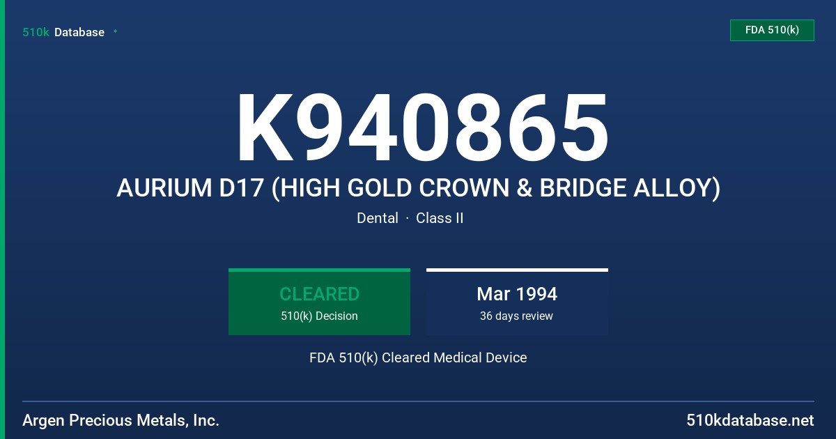 K940865 AURIUM D17 (HIGH GOLD CROWN & BRIDGE ALLOY) FDA 510(k) Cleared Medical Device