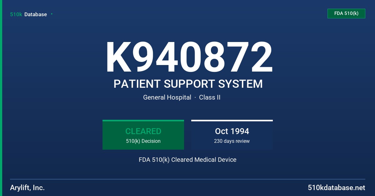 K940872 PATIENT SUPPORT SYSTEM FDA 510(k) Cleared Medical Device