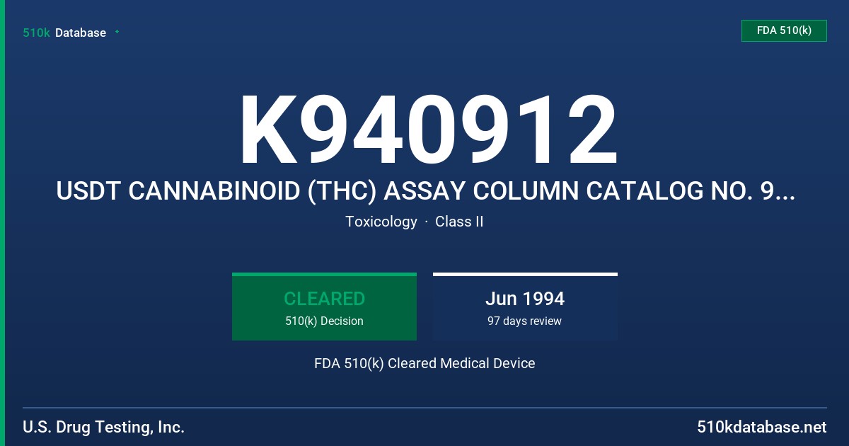 K940912 USDT CANNABINOID (THC) ASSAY COLUMN CATALOG NO. 9000-500 FDA 510(k) Cleared Medical Device