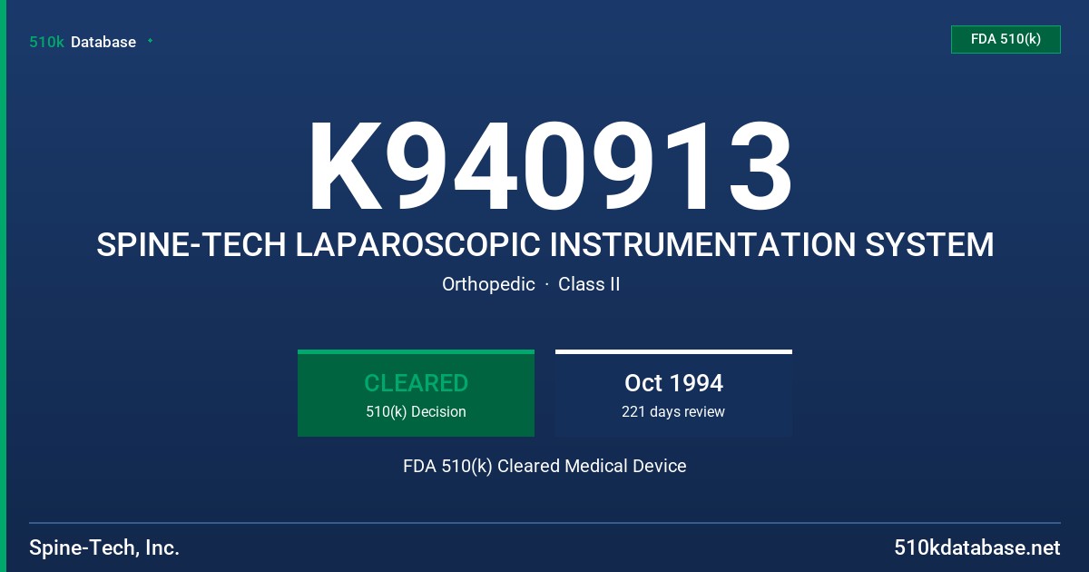 K940913 SPINE-TECH LAPAROSCOPIC INSTRUMENTATION SYSTEM FDA 510(k) Cleared Medical Device