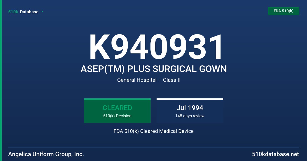 K940931 ASEP(TM) PLUS SURGICAL GOWN FDA 510(k) Cleared Medical Device
