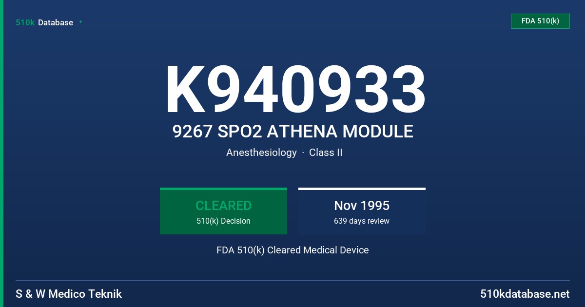 K940933 9267 SPO2 ATHENA MODULE FDA 510(k) Cleared Medical Device