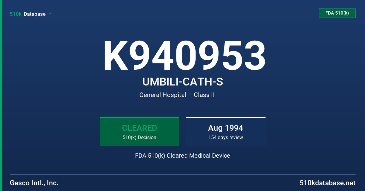 K940953 UMBILI-CATH-S FDA 510(k) Cleared Medical Device