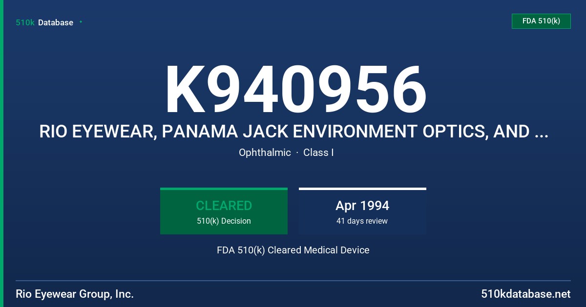 K940956 RIO EYEWEAR, PANAMA JACK ENVIRONMENT OPTICS, AND PARADISE RESORT EYEWEAR FDA 510(k) Cleared Medical Device