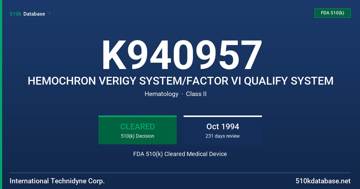 K940957 HEMOCHRON VERIGY SYSTEM/FACTOR VI QUALIFY SYSTEM FDA 510(k) Cleared Medical Device