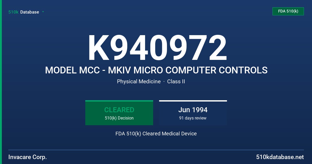 K940972 MODEL MCC - MKIV MICRO COMPUTER CONTROLS FDA 510(k) Cleared Medical Device