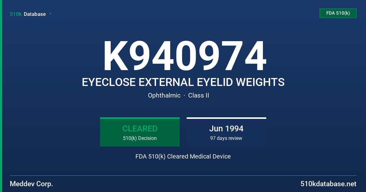 K940974 EYECLOSE EXTERNAL EYELID WEIGHTS FDA 510(k) Cleared Medical Device