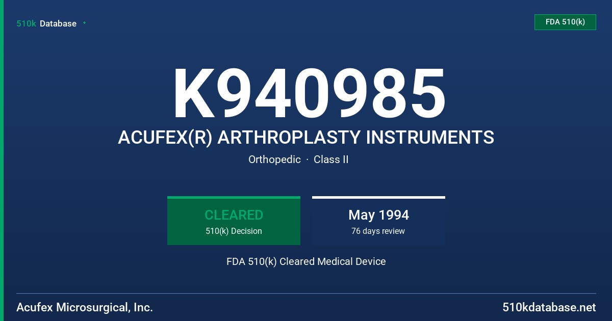 K940985 ACUFEX(R) ARTHROPLASTY INSTRUMENTS FDA 510(k) Cleared Medical Device