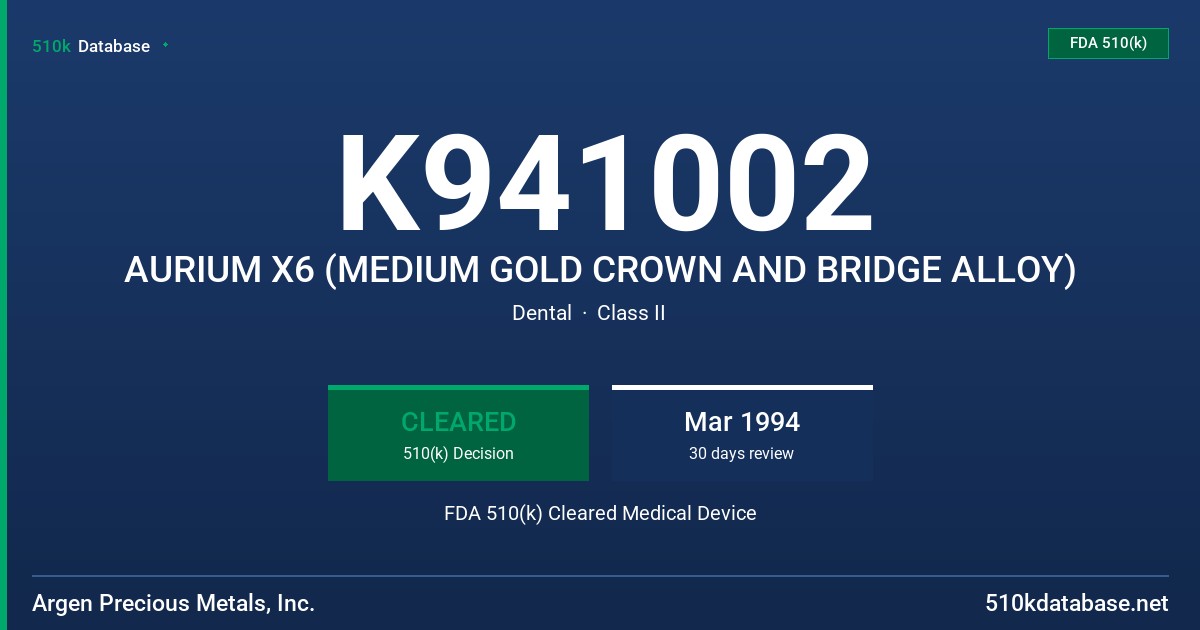 K941002 AURIUM X6 (MEDIUM GOLD CROWN AND BRIDGE ALLOY) FDA 510(k) Cleared Medical Device
