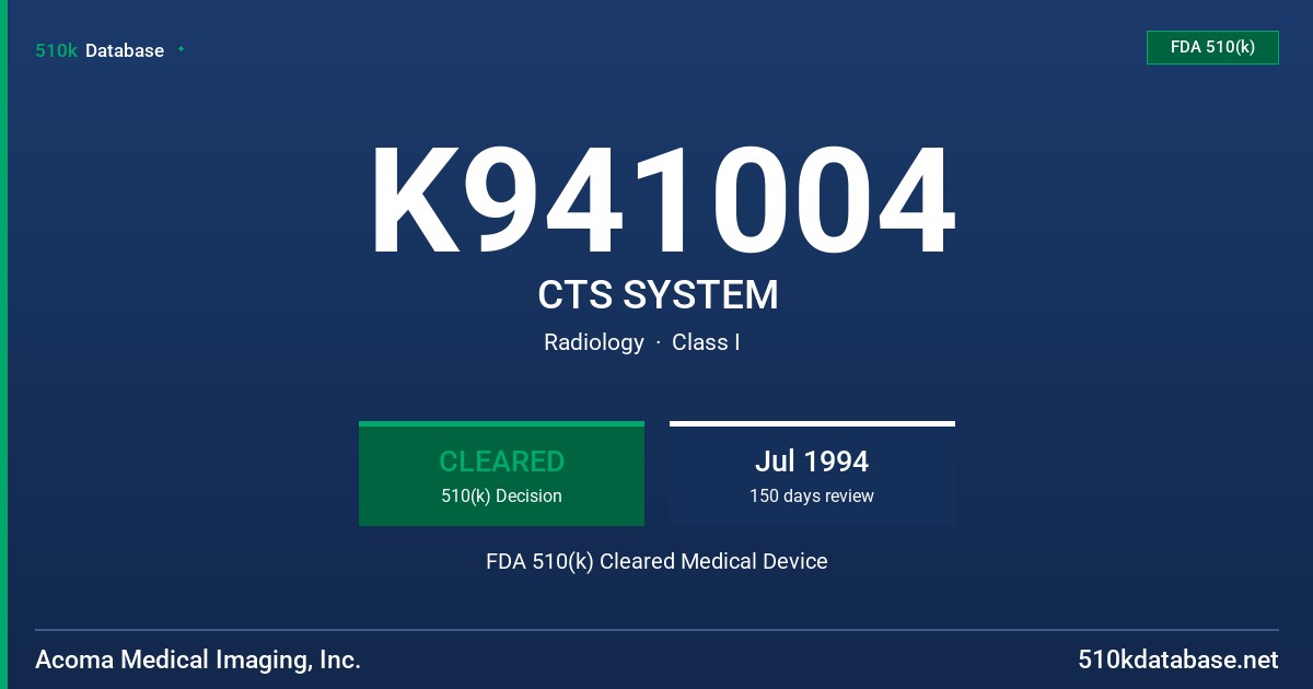 K941004 CTS SYSTEM FDA 510(k) Cleared Medical Device