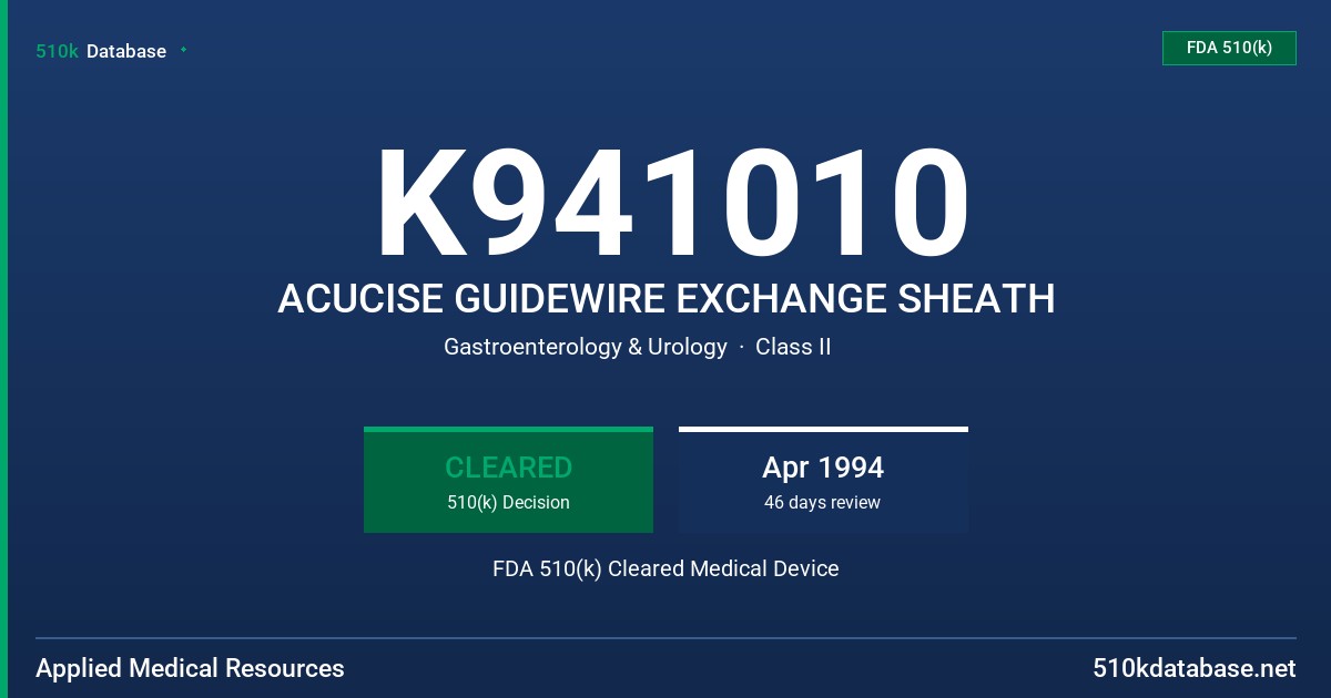 K941010 ACUCISE GUIDEWIRE EXCHANGE SHEATH FDA 510(k) Cleared Medical Device