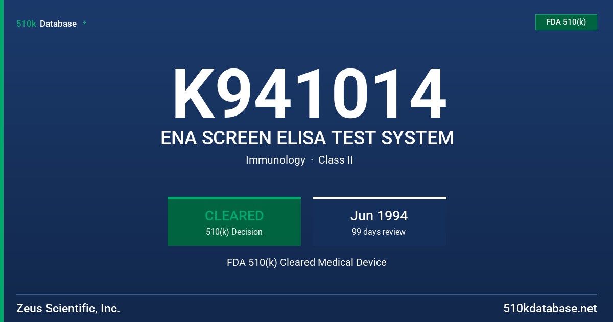 K941014 ENA SCREEN ELISA TEST SYSTEM FDA 510(k) Cleared Medical Device
