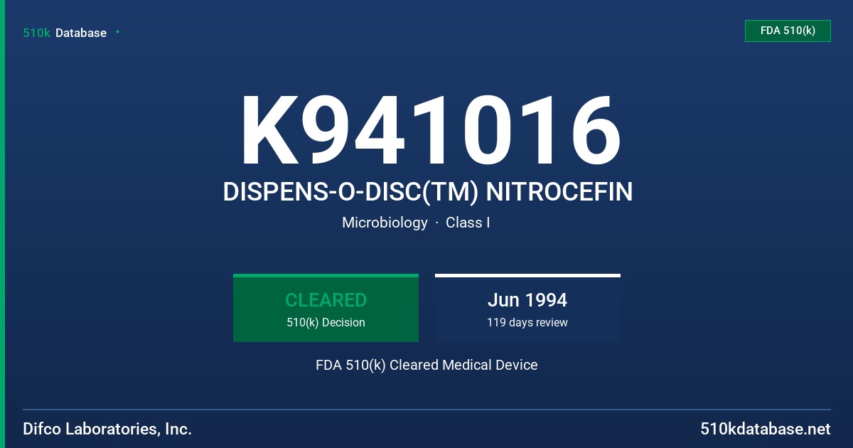 K941016 DISPENS-O-DISC(TM) NITROCEFIN FDA 510(k) Cleared Medical Device