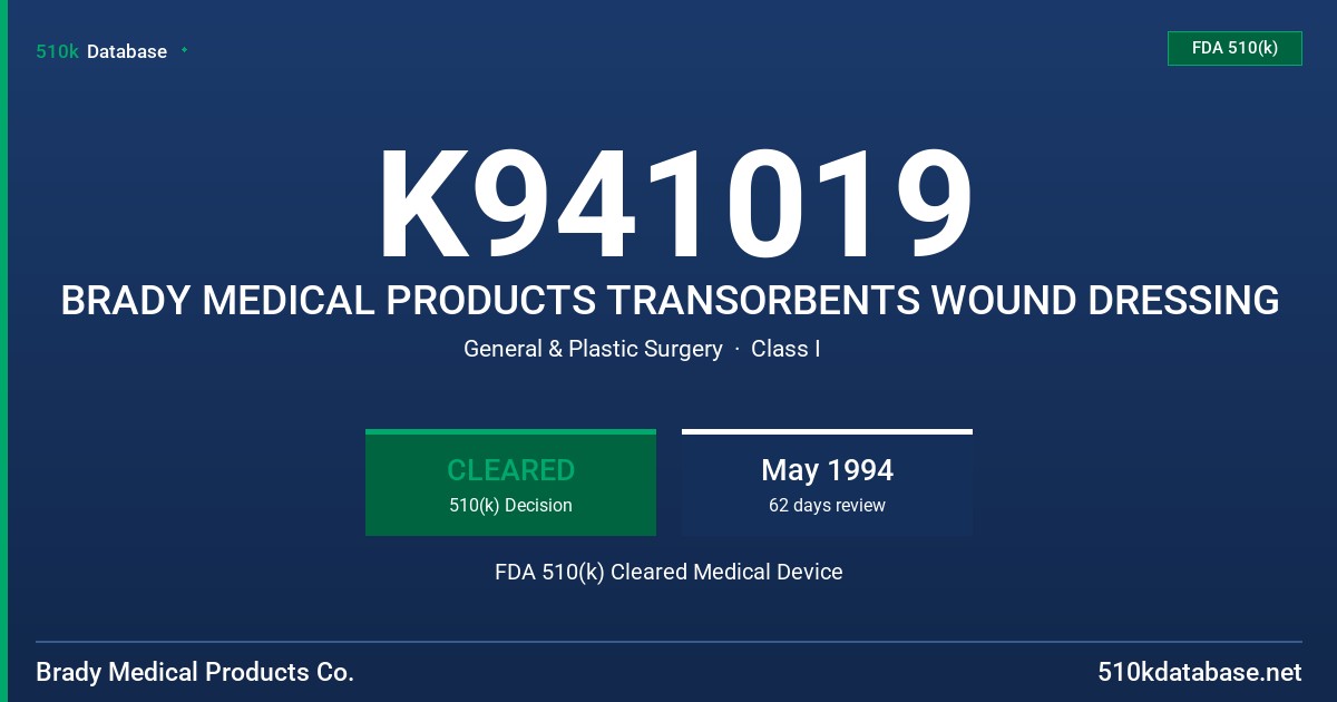 K941019 BRADY MEDICAL PRODUCTS TRANSORBENTS WOUND DRESSING FDA 510(k) Cleared Medical Device