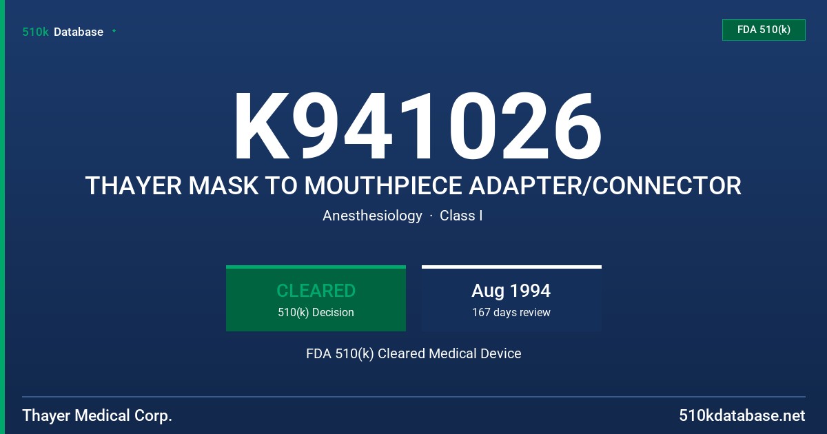 K941026 THAYER MASK TO MOUTHPIECE ADAPTER/CONNECTOR FDA 510(k) Cleared Medical Device