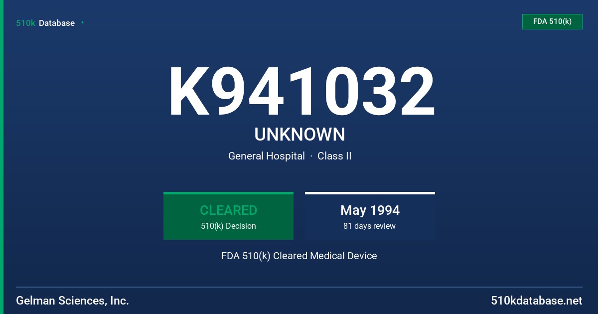 K941032 UNKNOWN FDA 510(k) Cleared Medical Device